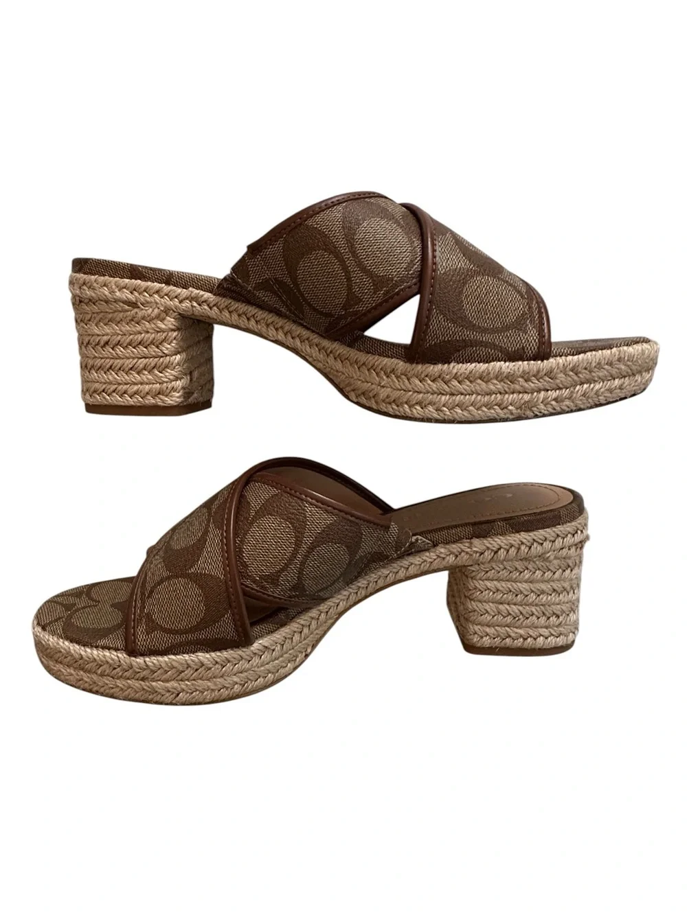 Coach Sloan Signature Espadrille Brown Canvas Crisscross Slide Mules, 8.5B